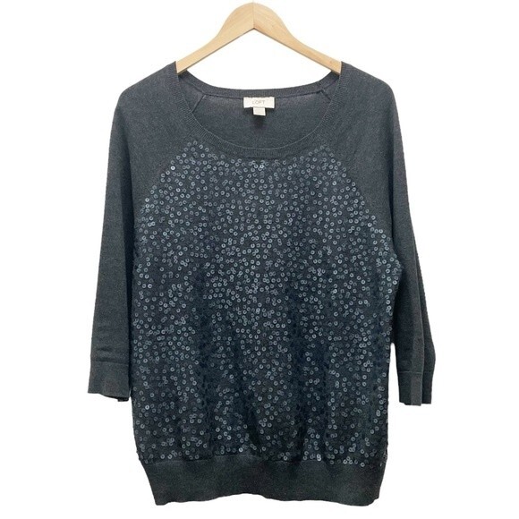 Loft Sweater Charcoal Gray Sequined 3/4 Sleeve Tunic Pullover Women’s Size Large - Picture 1 of 7